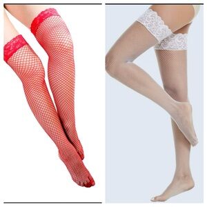 NWOT Lace Top Fishnet Thigh High Stockings BUNDLE 3 PCS- Red+WHITE+PINK